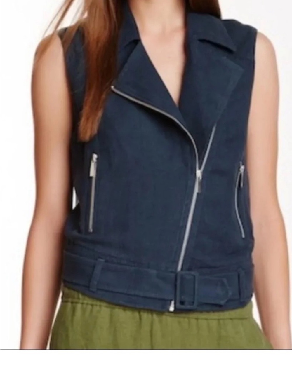Elizabeth and James Tegan Navy Linen Blend Moto Vest Size L NWT